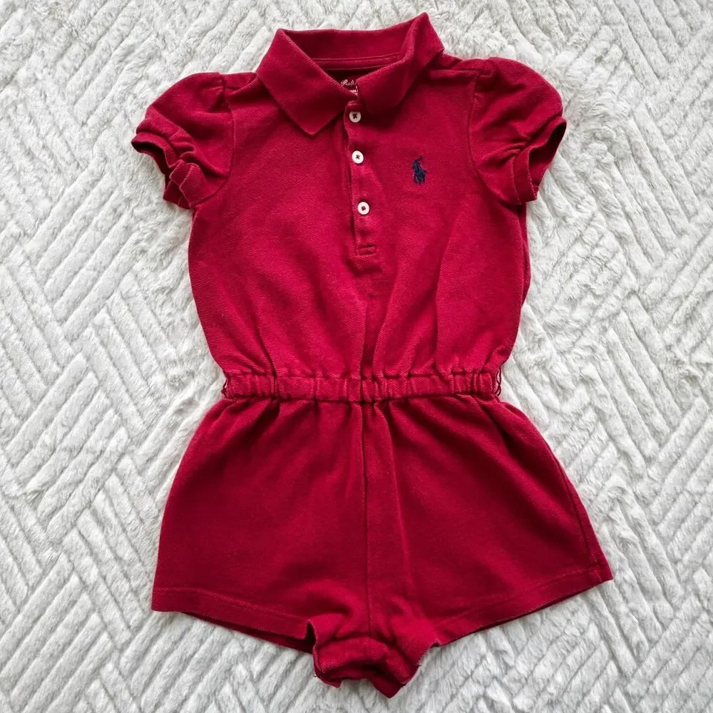 Ralph Lauren 18M Red Polo Romper Pony Logo Cotton Collared Outfit
